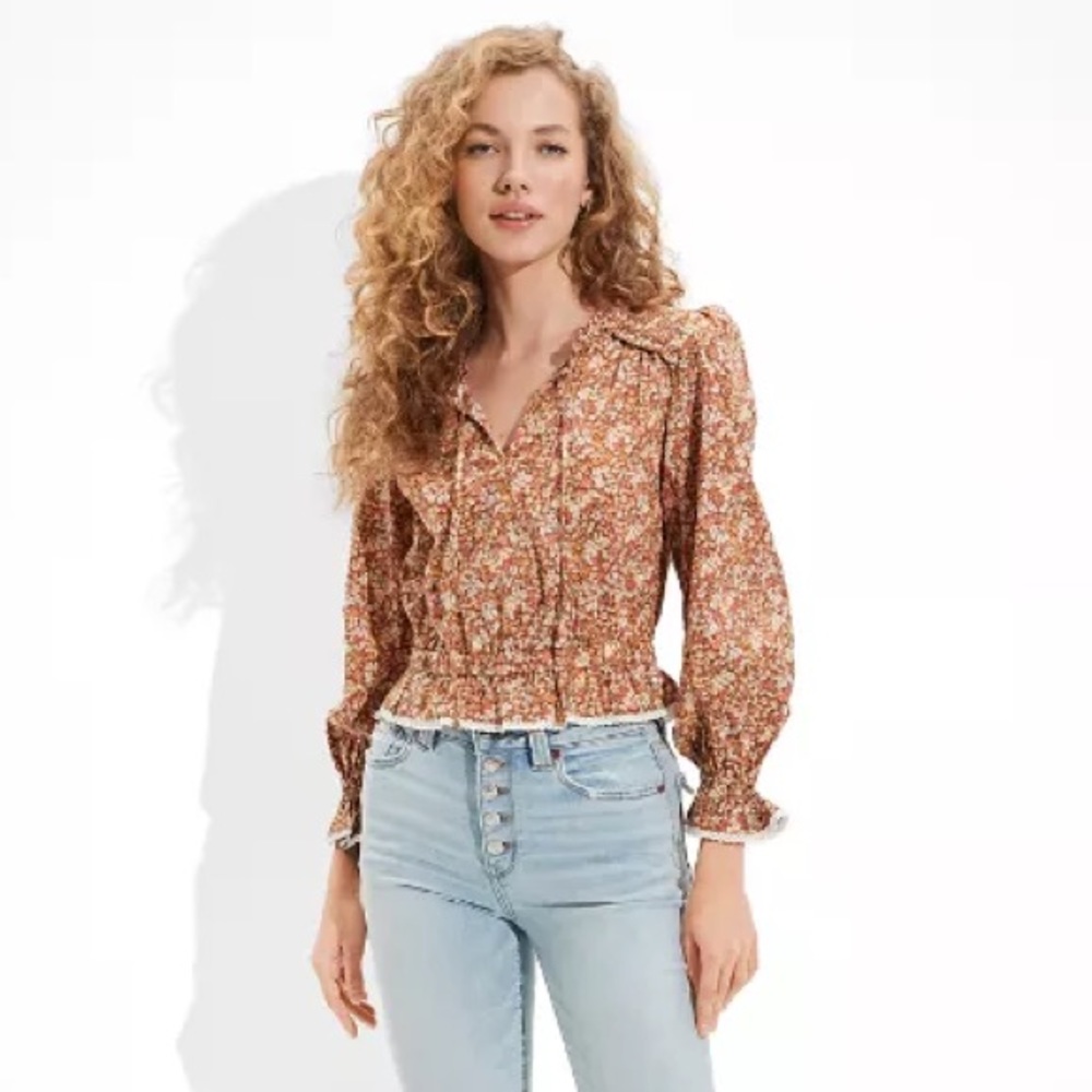 American Eagle Long-Sleeve Smocked Cotton Blouse XS